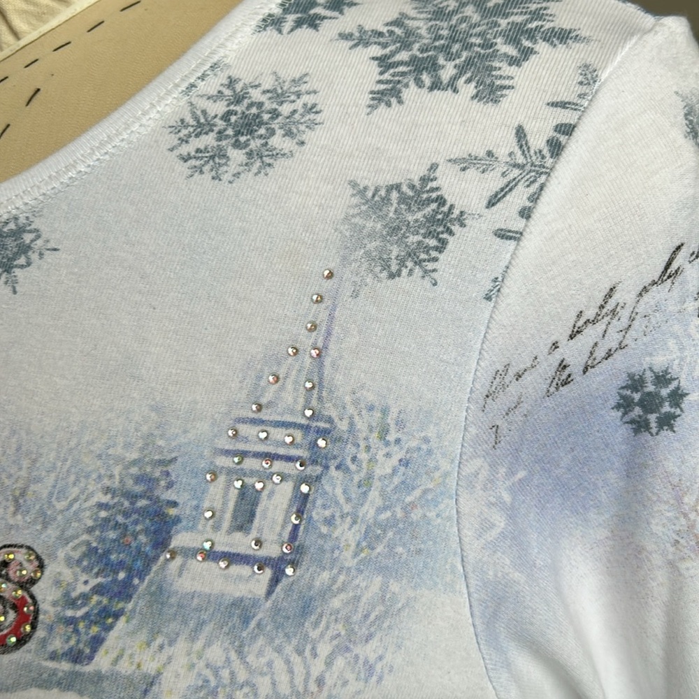 Studio Gem Embellished Christmas Wishes 3/4 Sleeve Top‎ Snowflakes Snowman L/XL - Picture 16 of 16
